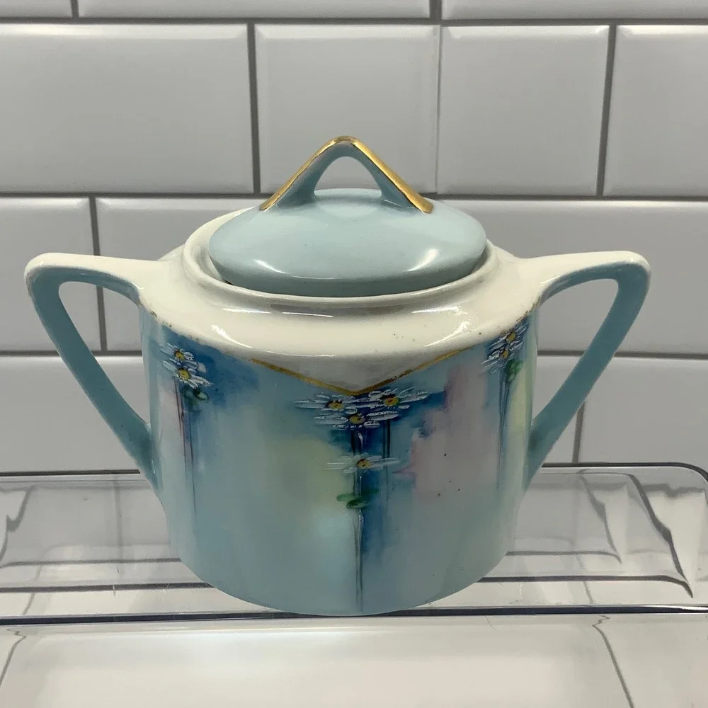 Vintage Bavaria Sugar Bowl Hand Painted Floral Porcelain Blue White